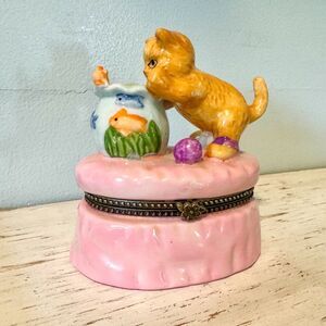 Vintage Ceramic Kitten Fish Bowl Hinged Jewelry Trinket Box | Cottagecore Decor